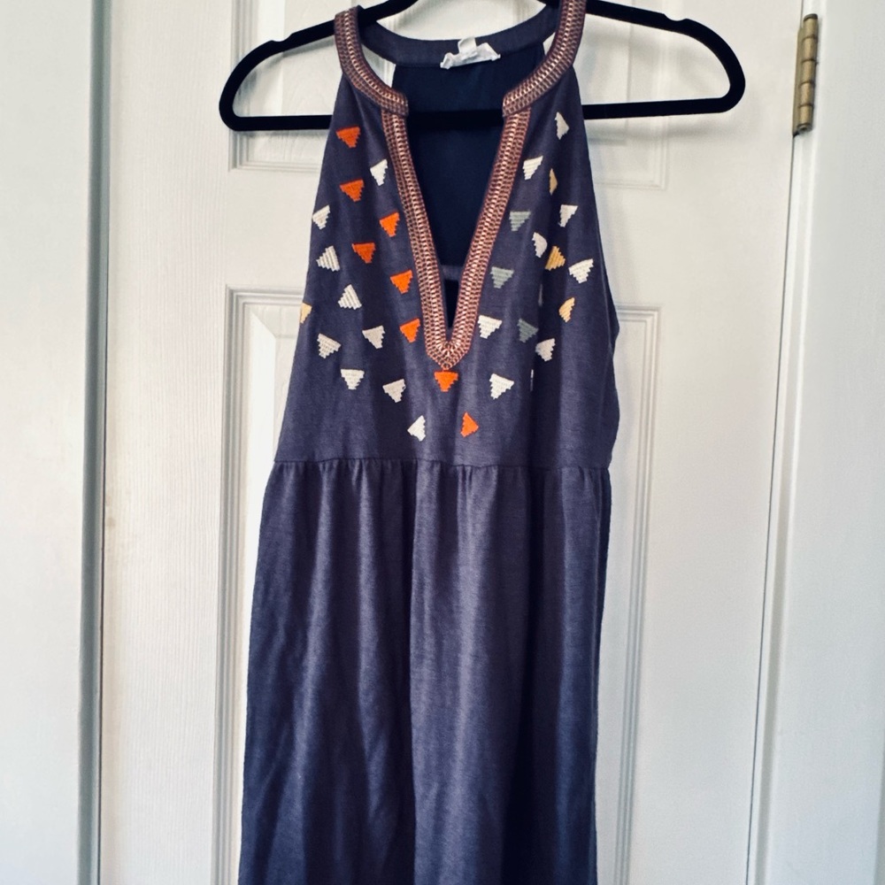 THML Navy Embroidered Halter Dress with Triangle Accents‎ Size Medium